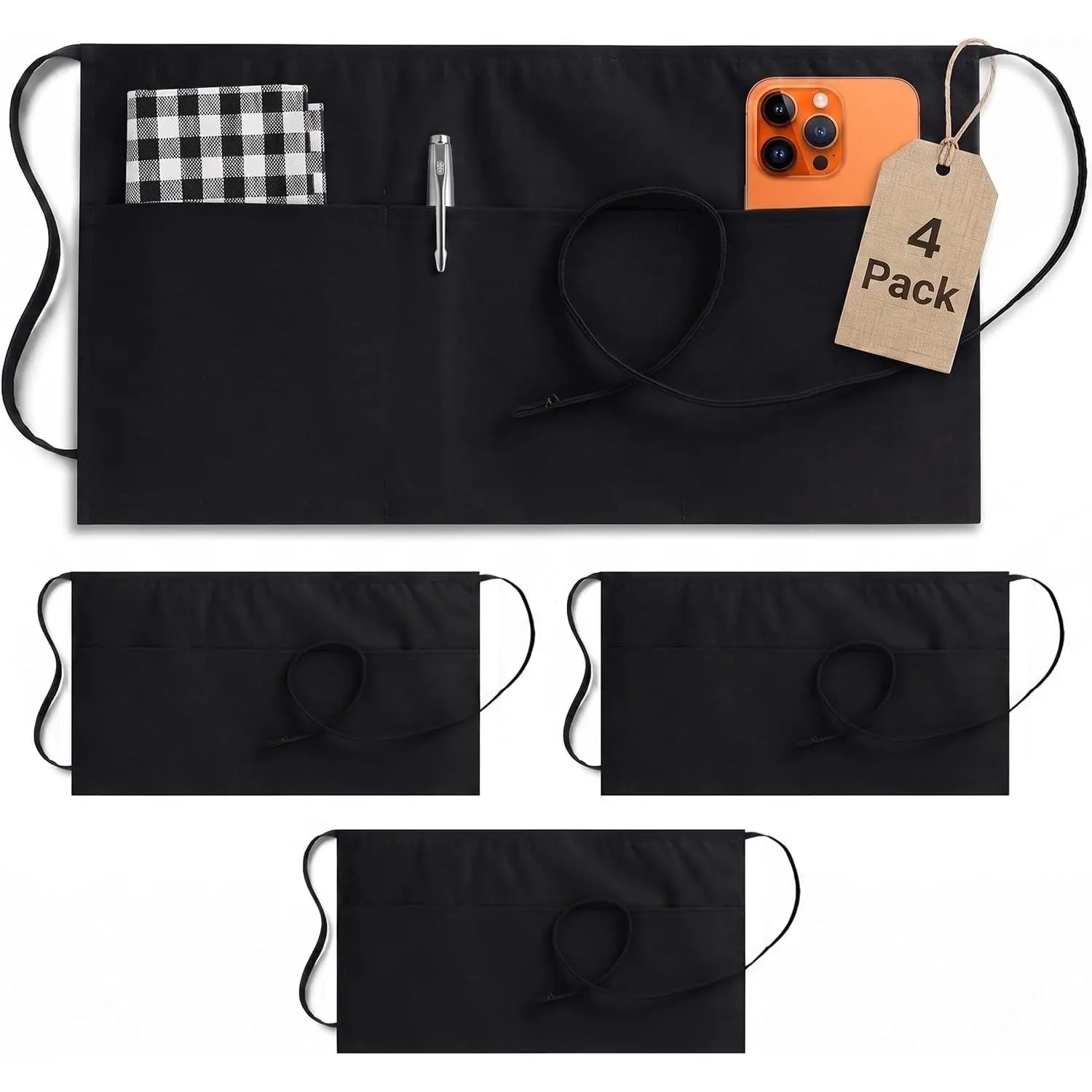 4 Pack Server Aprons with 3 Pockets, Waiter and Waitress Waist Aprons for Women with Pockets, Men Short Aprons