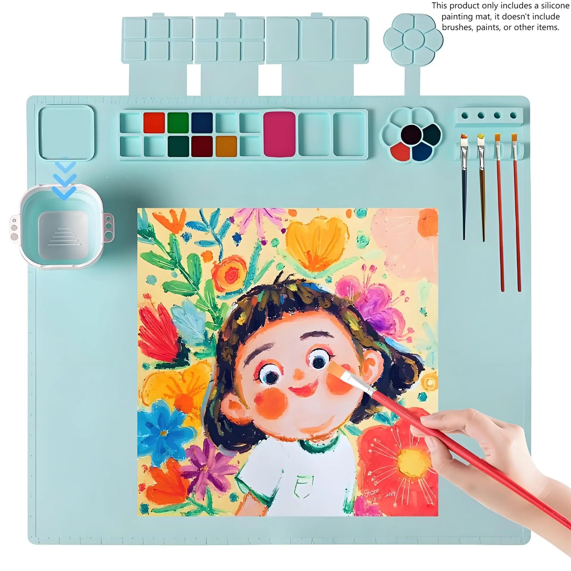 1pc Washable Silicone Art Mat with 1 Paint Brush Cup, Anti-Dirty Handmade Erasable Doodle Pad with Paint Brush Holder & Palette, Suitable for Oil Painting, Acrylic & Watercolor Painting, Ideal for Students, Artists & Travelers