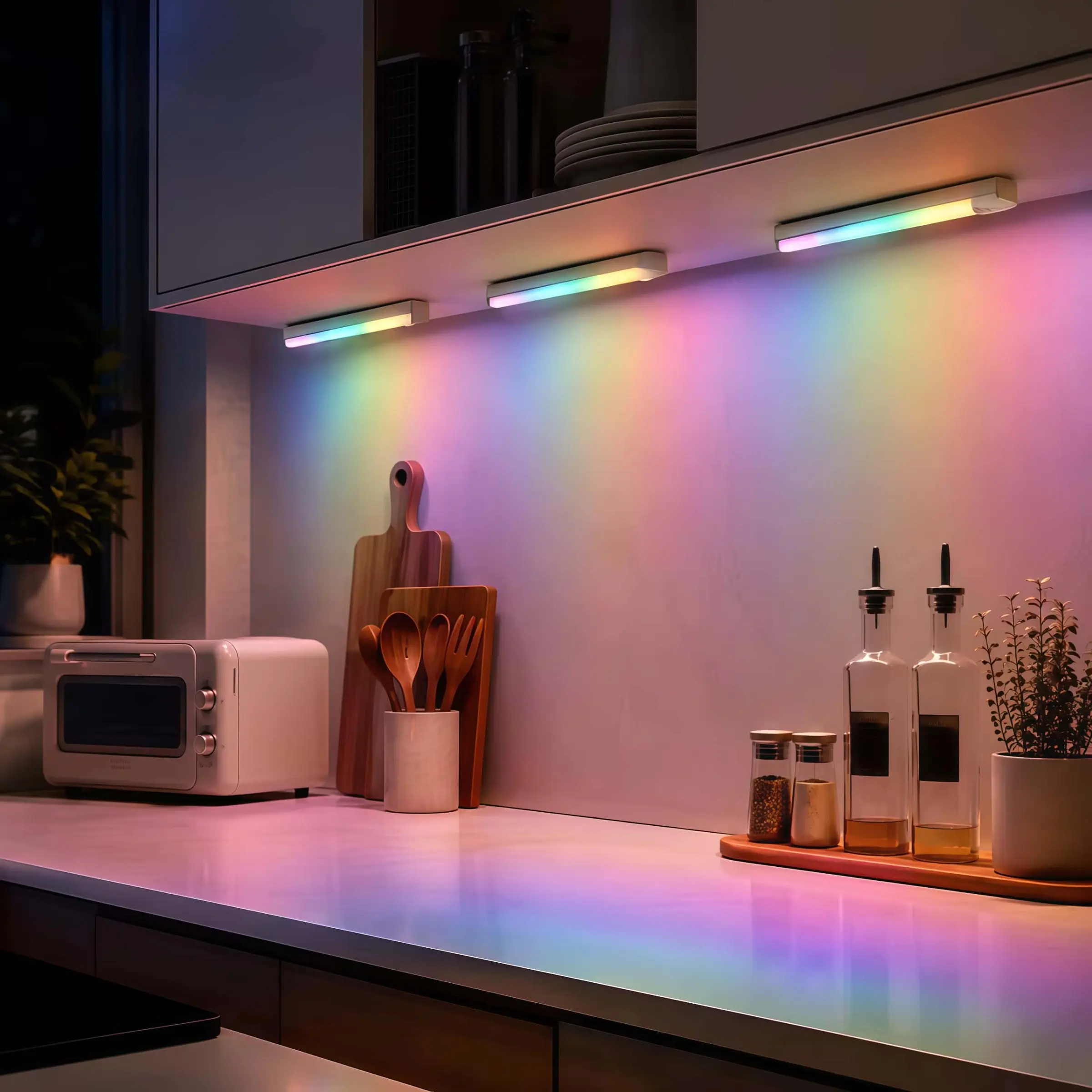 Dual Wireless Under-Cabinet Light, 7-Color Adjustable Rechargeable RGB Sensor Strip, 5 Lighting Modes, Ideal for Bedroom, Kitchen, Living Room, Storage Room