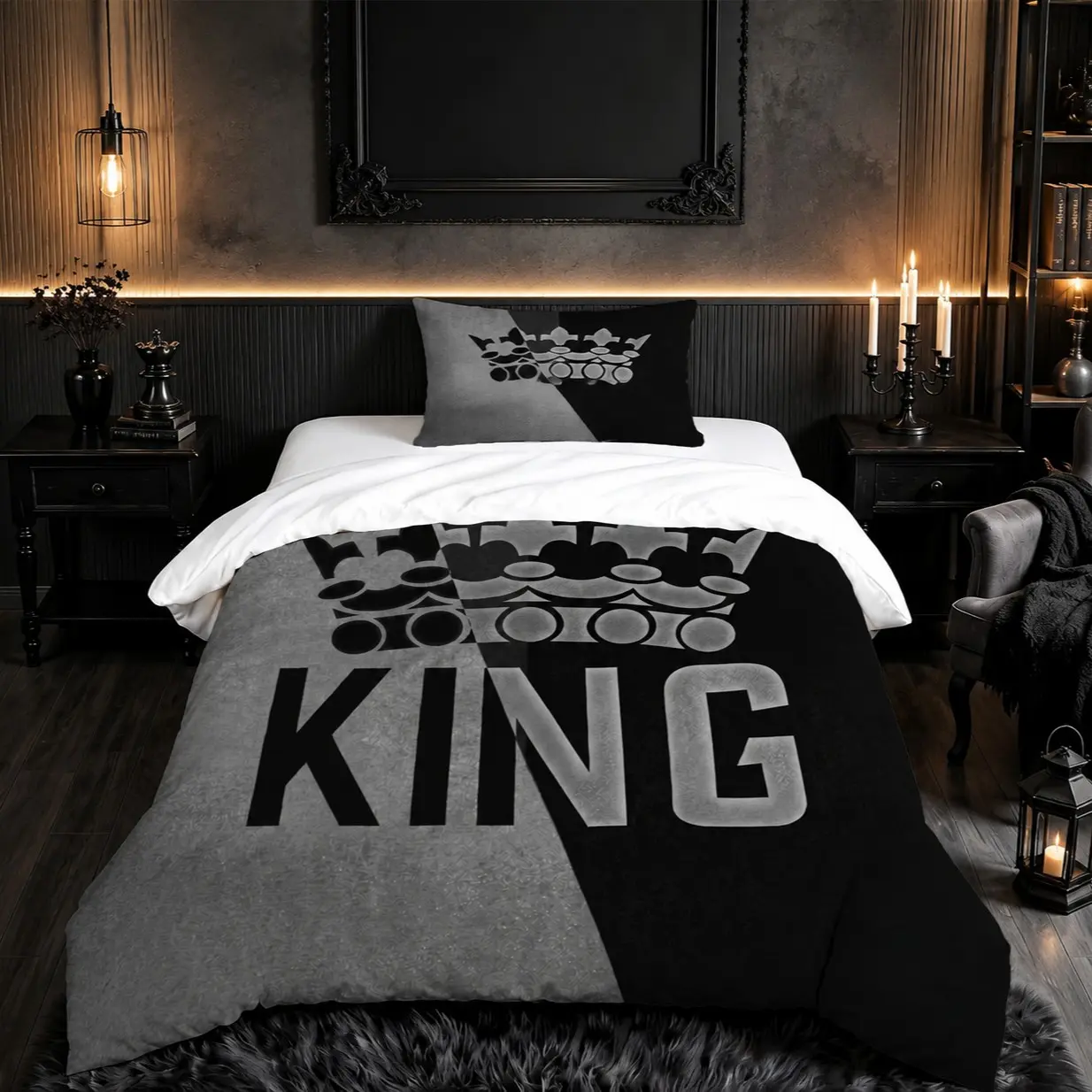 2/3 Pieces King Crown Pattern Duvet Cover Set (1 Duvet Cover + 1/2 Pillowcases, No Inserts Included), Black-Gray Split Color Luxury Bedding, Soft Digital Print Duvet Cover, Ideal for Men’s Bedroom Home Decor, Comfy Bedding Sets