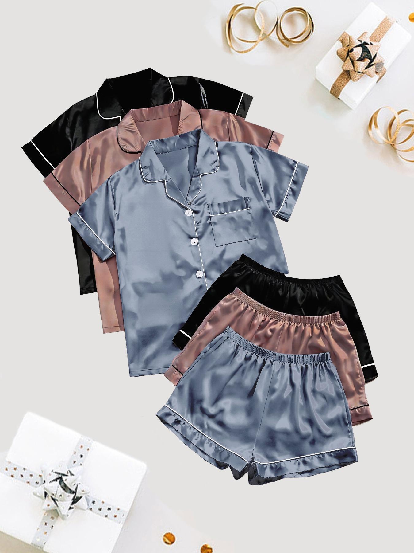 Women's Solid Satin Pyjama Set, Short Sleeve Button Front Lapel Shirt & Contrast Binding Shorts PJ Set, Summer Sleepwear Set, Pajamas, Silky Satin Pajama