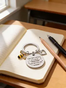Bee Accent Engraved Teacher Appreciation Keyring, Rhinestone Inlaid Bumblebee & Open Heart Dual Charms, Thoughtful Appreciation Gift for Teacher Day, Graduation & End of School Term