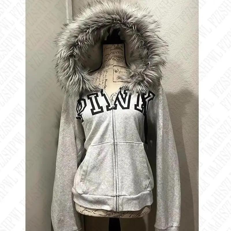 streetwear y2k zip Vintage Emo Fur Hoodie Jacket Women Gothic Hip Hop Fashion Graphic Punk Letter Print Zip Up Hoodies Aesthetic Harajuku Hoodies Clothes Streetwear EMO Girl