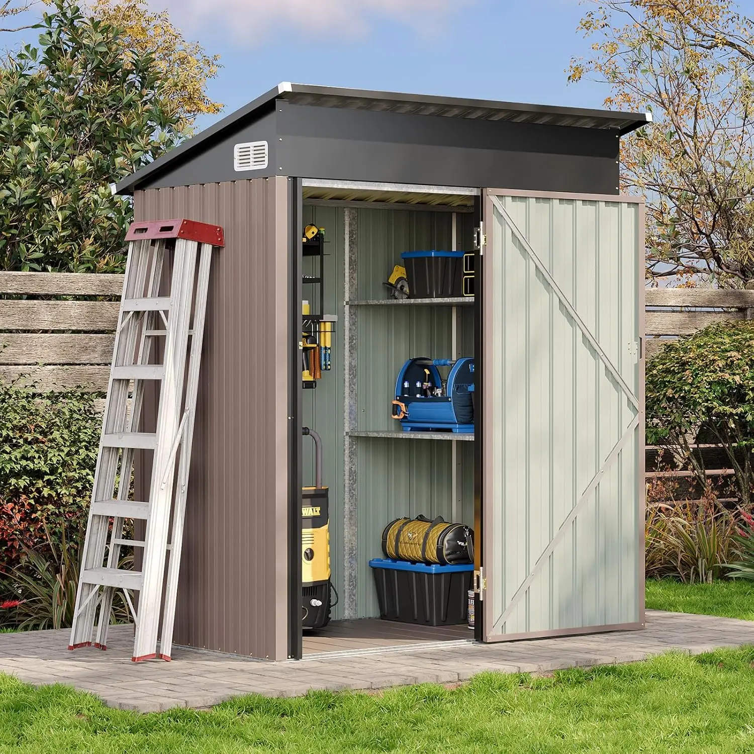 Aoxun 5x3 Ft Outdoor Metal Storage Cabinet - Waterproof Storage Shed with Floor, Lockable Doors & Slopping Roof for Backyard, Patio