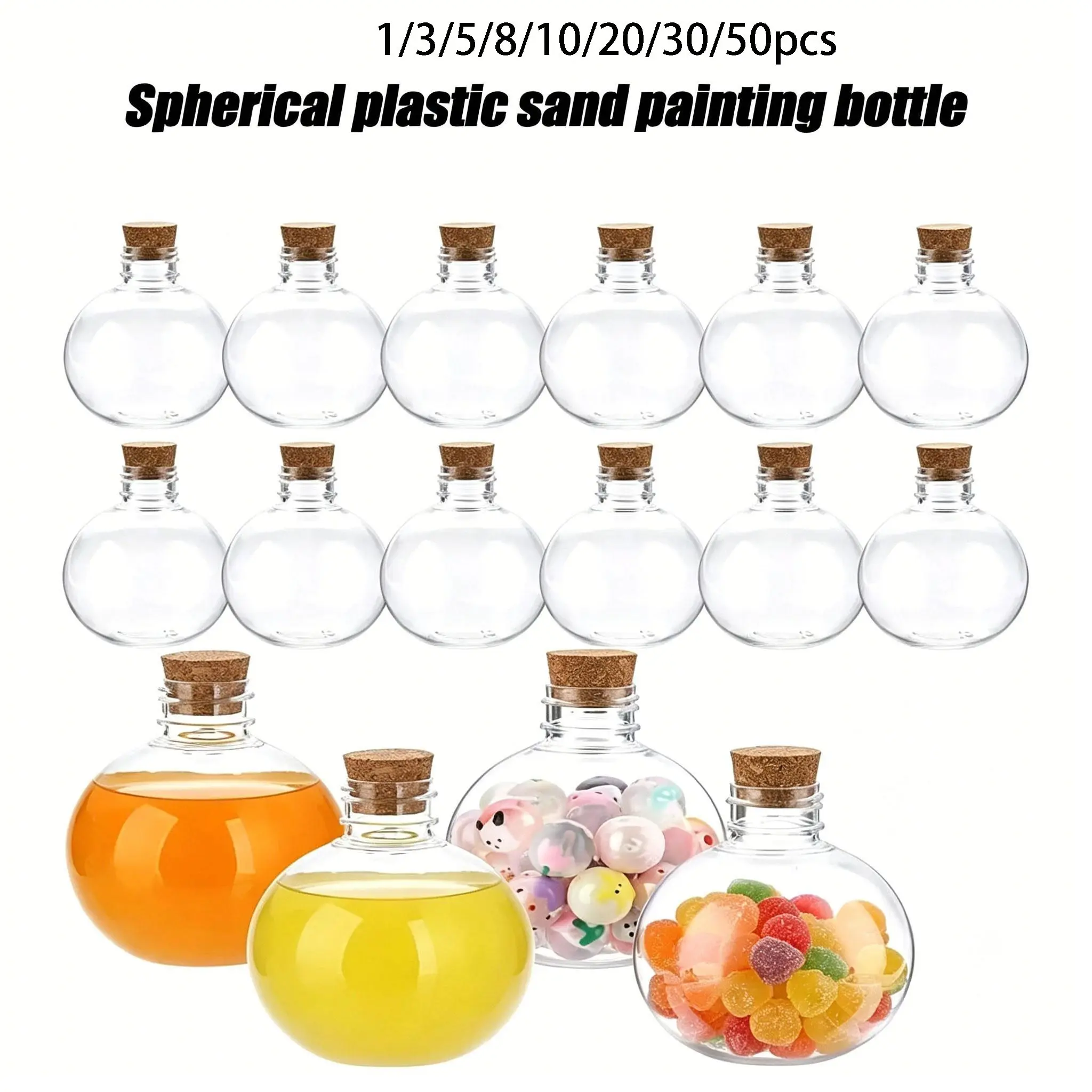 Spherical Plastic Sand Painting Bottles, Transparent Potion Bottles with Cork, Christmas Cocktail Decor, 5 Mini Funnels Included, Storage Bottles, Bottle Bulk