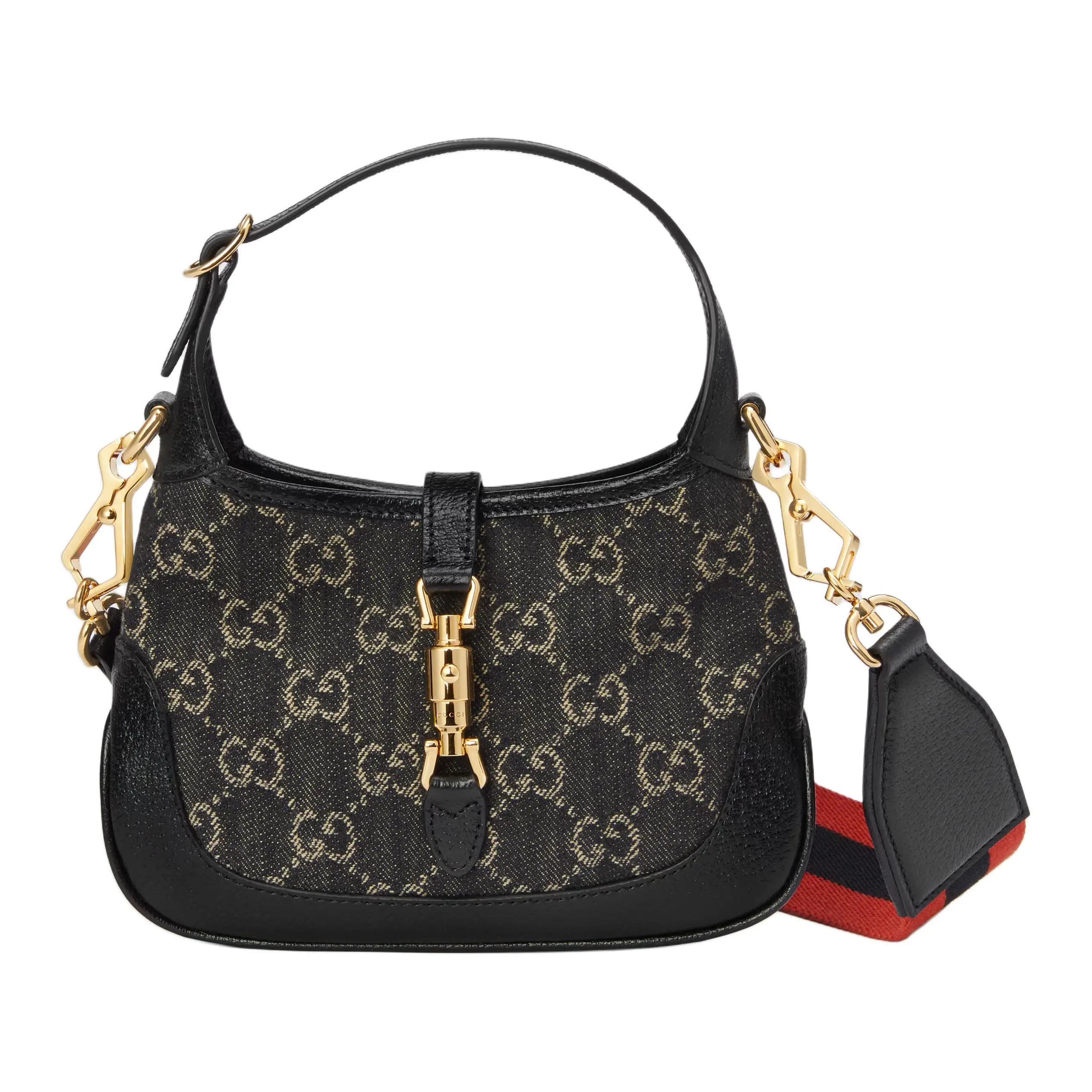 Gucci Jackie 1961 Mini Crossbody Bag for Women, Golden Buckle Monogram Canvas with Leather Trim, Black