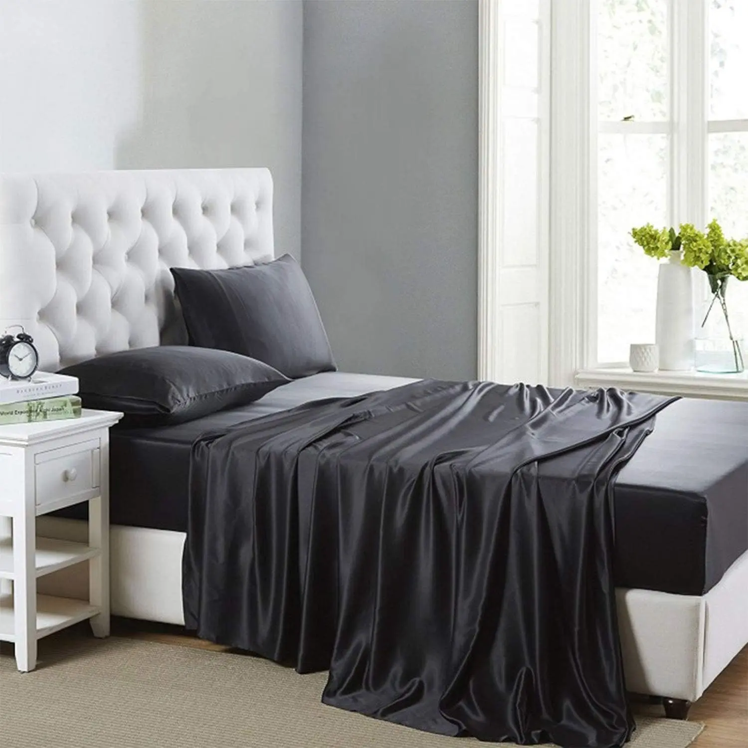 Full Size Silk Satin Bed Sheet Set with Deep Pockets, Cooling Soft and Hypoallergenic - Black