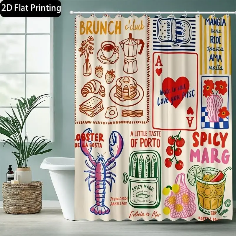 1pc 2D Flat Printing Hand-Drawn Graffiti Printed Shower Curtain, Unique Bathroom Decor, 12 Hooks, Boho Style, Paisley Pattern, Curtains