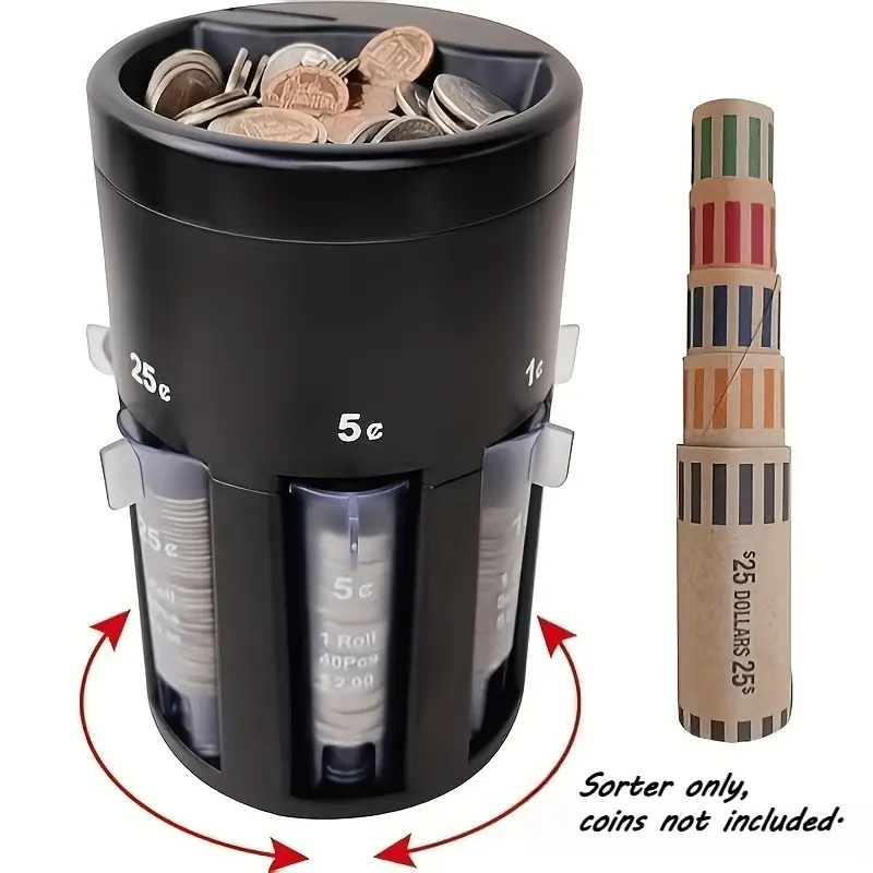 5-in-1 Rotating Manual Coin Sorter With 5 Coin Wrappers, Battery-free Without Electronic Parts, Cash Organizer For Office Supplies, Supermarket, Bank And Retail Store