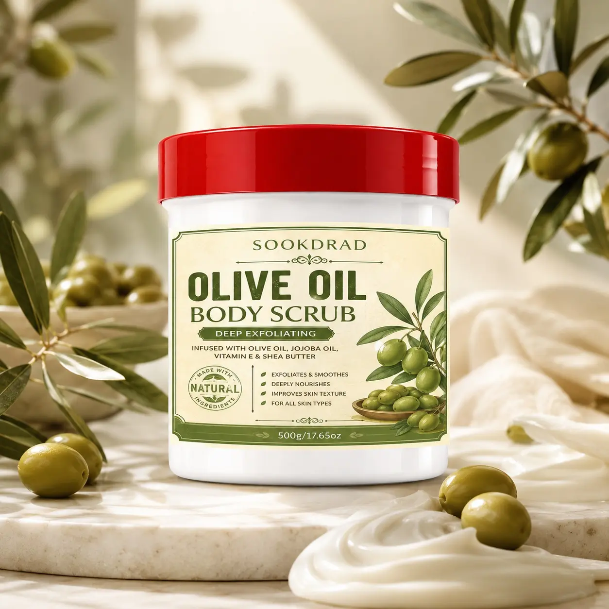 Olive Oil Body Scrub, enriched with olive oil, jojoba oil, vitamin e, shea butter, deep exfoliating, exfoliate and smooth skin, deeply nourish, improve skin texture, for all skin types, body care,