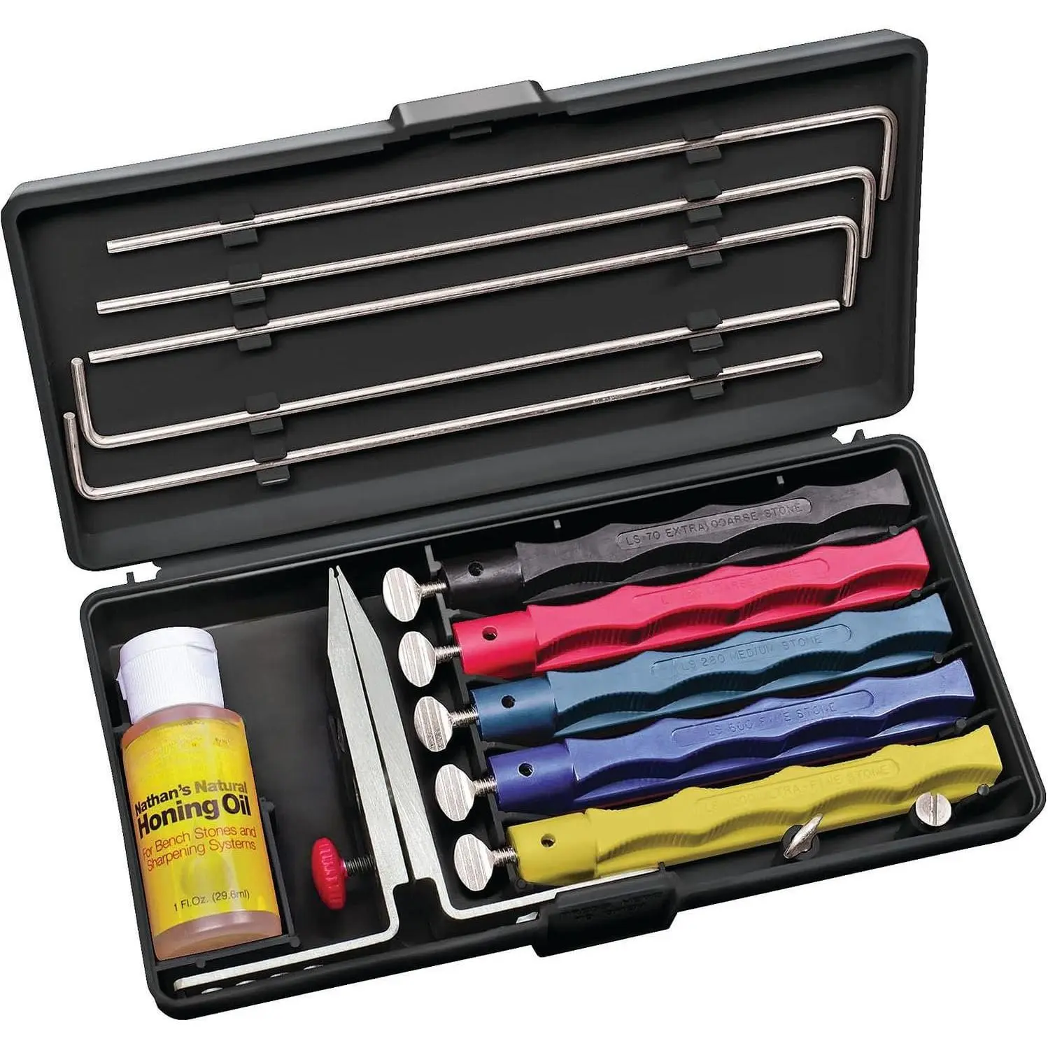 Heavy Duty 5-Stone Alumina Oxide Ceramic Knife Sharpening System Kit, Finger-Grooved Safety Holders, Honing Oil - LKCLX