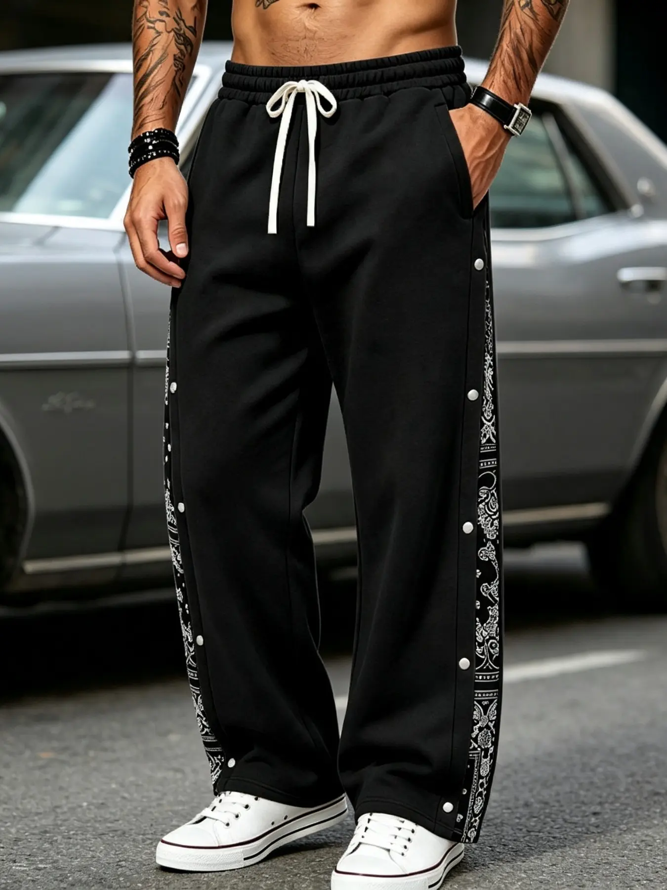 Men's American West Coast Hip Hop Baggy Sweatpants, Heavyweight High Street Bandana Paisley Side Snap Button Wide‑Leg Straight Trousers, Drawstring Elastic Waist Lazy Streetwear Casual Pants, Multi‑Colors Plus Sizes S‑3XL