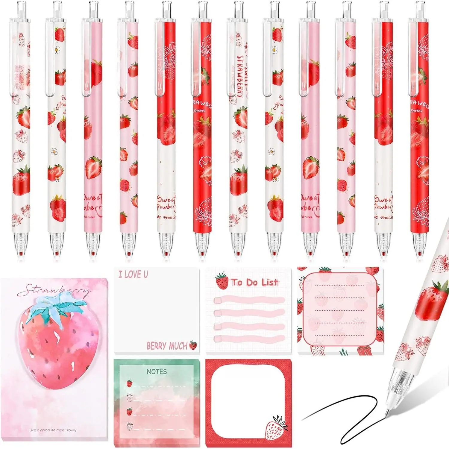 18 count Stationery Set, 12 Aesthetic Pens & 6 Sticky Notes, Valentines Gifts,  Shower Party, Cute Office School Supplies, Gifts for Women Students  Teachers Coworker(Strawberry)
