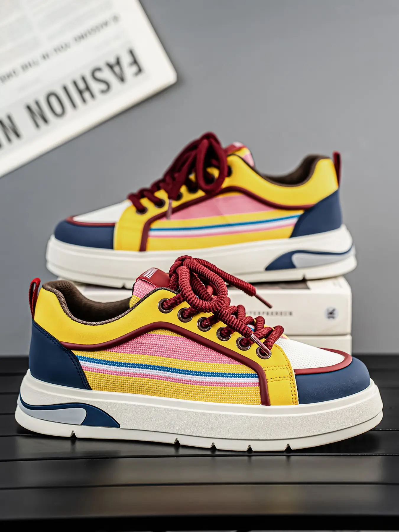 New Rainbow Color Block Thick Sole Casual Sneakers, Unisex Retro Striped Canvas Shoes, Breathable Mesh, Comfortable & Durable