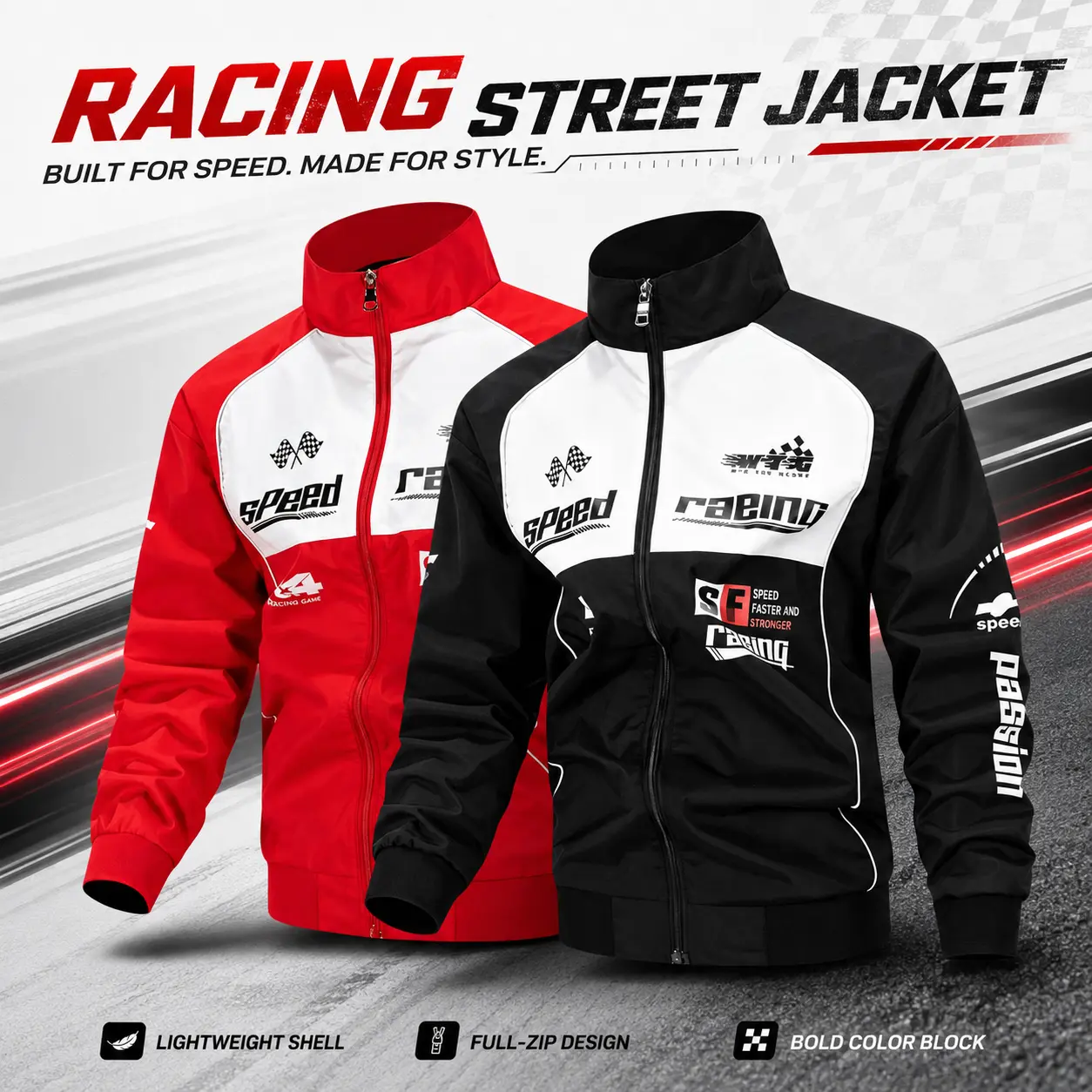 Mens Motor Racing Windbreaker Speed Print Color Block Zip Bomber Jacket Stand Collar Lightweight Windproof Street Racing Coat for Daily Riding