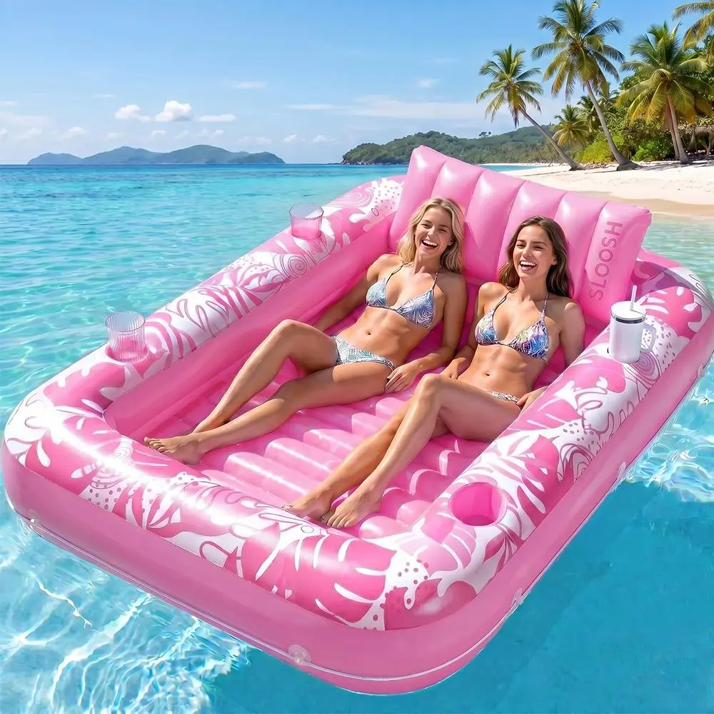 4-in-1 Inflatable Suntan Tub Raft Floatie for Adults - Portable Size Pool Lounger with Removable Pillow, 2 Cup Holders, Drain Valve, Thick PVC, 250lbs Capacity for Beach, Backyard, Thickened Pvc