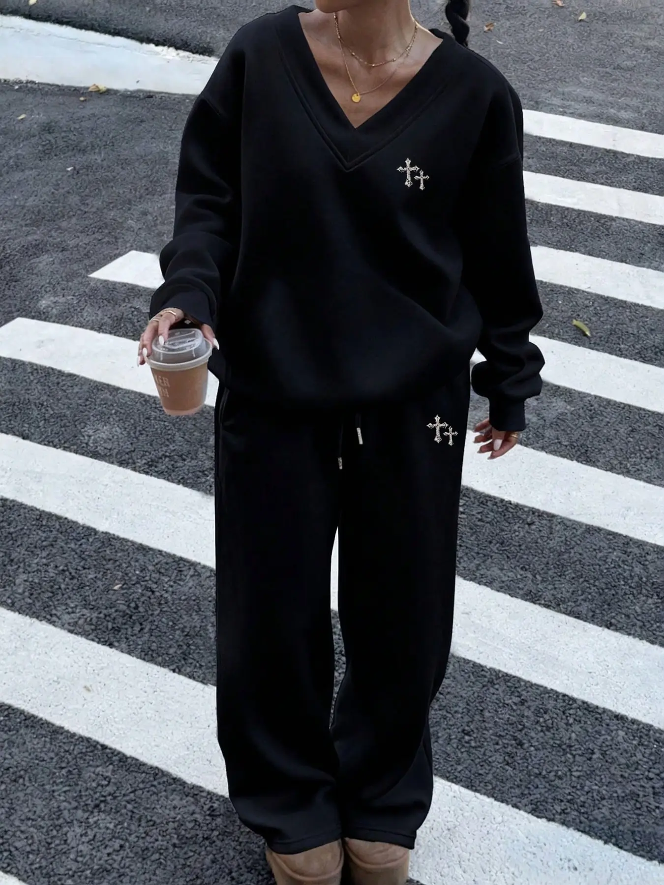 Women Y2K Hot Girl Oversized V Neck Cross Rhinestone Sweat Matching Set Clothes Black Relax Fit Casual Long Sleeve Sweatshirt Top & Baggy Sweatpants Daily Co Ord