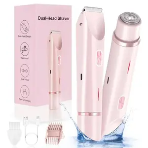 Bikini Trimmer for Women, 2-in-1 Dual-Head Electric Shaver, IPX7 Waterproof Wet & Dry Use, Rechargeable Cordless Painless Groomer for Pubic Areas, Face, Underarms & Legs, Portable Grooming Tool for Sensitive Skin