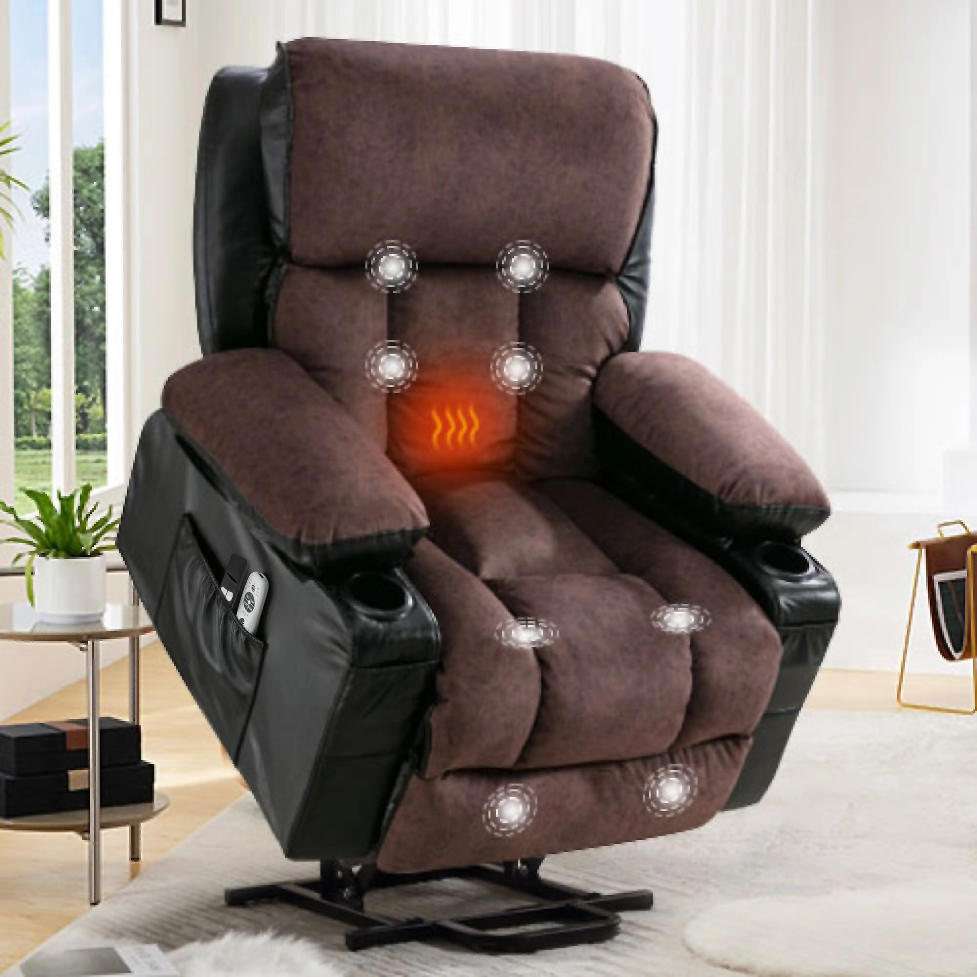 ARCH Power Electric Massage Lift Recliner Chair for Elderly, Heated Vibration Lounge Chair with USB, Fleece Leather, Black Brown, Living Room Bedroom Reclining Chair for Relaxation and Napping, Dining Room Chairs for Kitchen, Dining Room