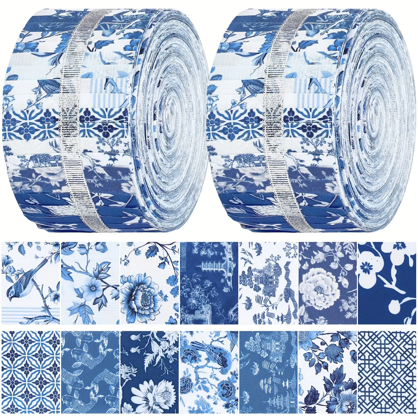 40PCS Blue & White Porcelain Floral Fabric Strips, 2.55" x 19.7" Precut Quilting Fabric Bundle, Chinese Style Patchwork Fabric for Sewing, Quilts, Doll Clothes & DIY Crafts