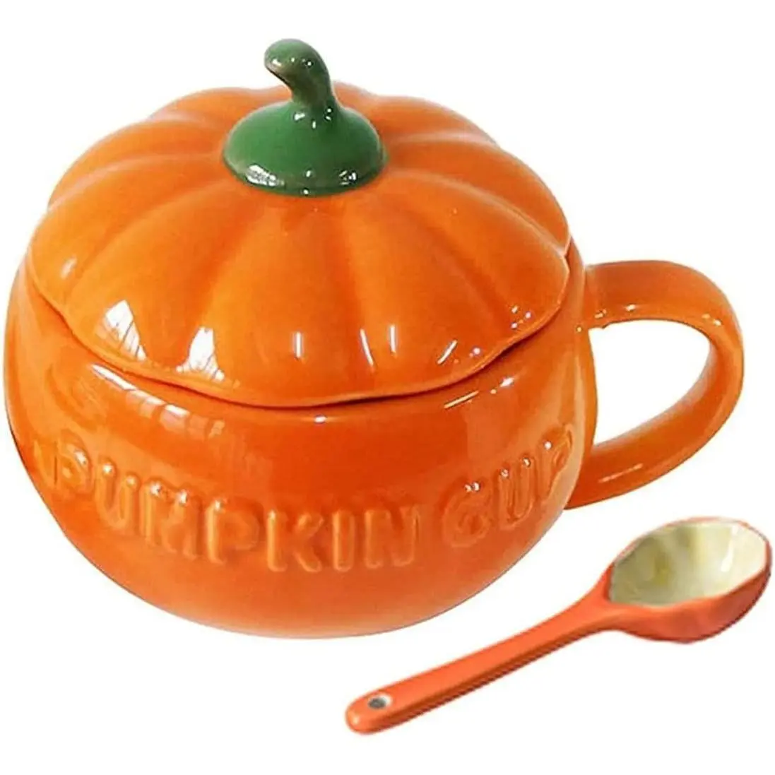 Pumpkin Shape Porcelain Mug - 27.5oz (800ml), Cute, Reusable, Washable, Dishwasher Safe, Everyday Use Kitchenware Drinkware with Cup & Spoon