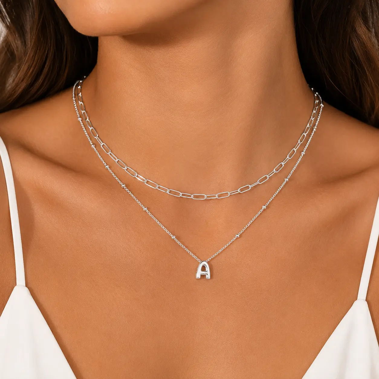 304L Stainless Steel Layered Letter A-Z Pendant Necklace, 2Pcs Layering Beaded Paperclip Chain Choker Necklace Dainty Pendant Letter A-Z Daily Vacations, Party Wear, Jewelry, Holiday Gift