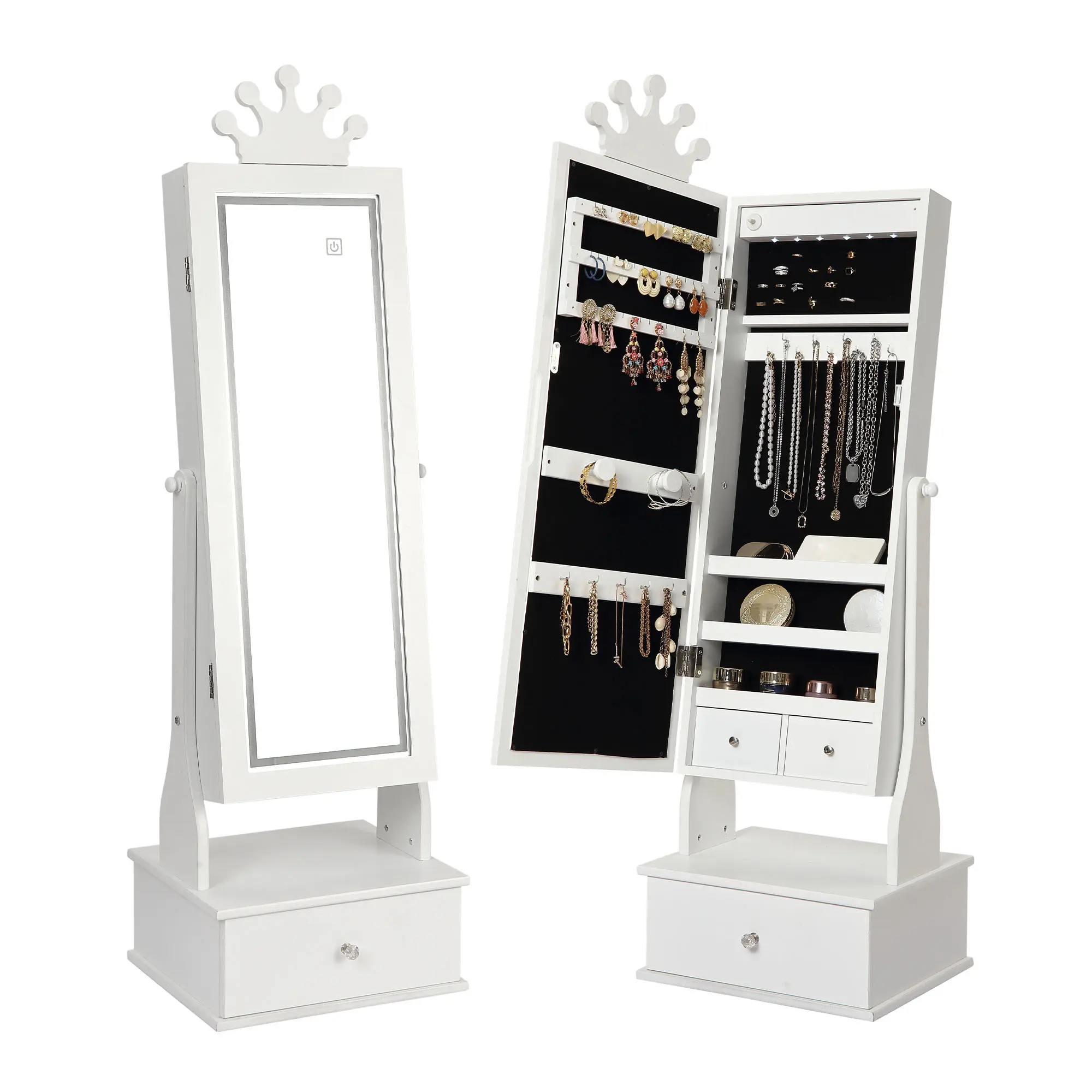 Kid-Friendly Jewelry Cabinet Organizer with LED Light Mirror - Cute Crown Standing Full-Length Dressing Armoire, 3 Pull-Out Drawers, Large Multifunctional Waterproof Storage for Girls’ Princess Room Decor & Room Makeovers, White, Led Touch-Control Mirror