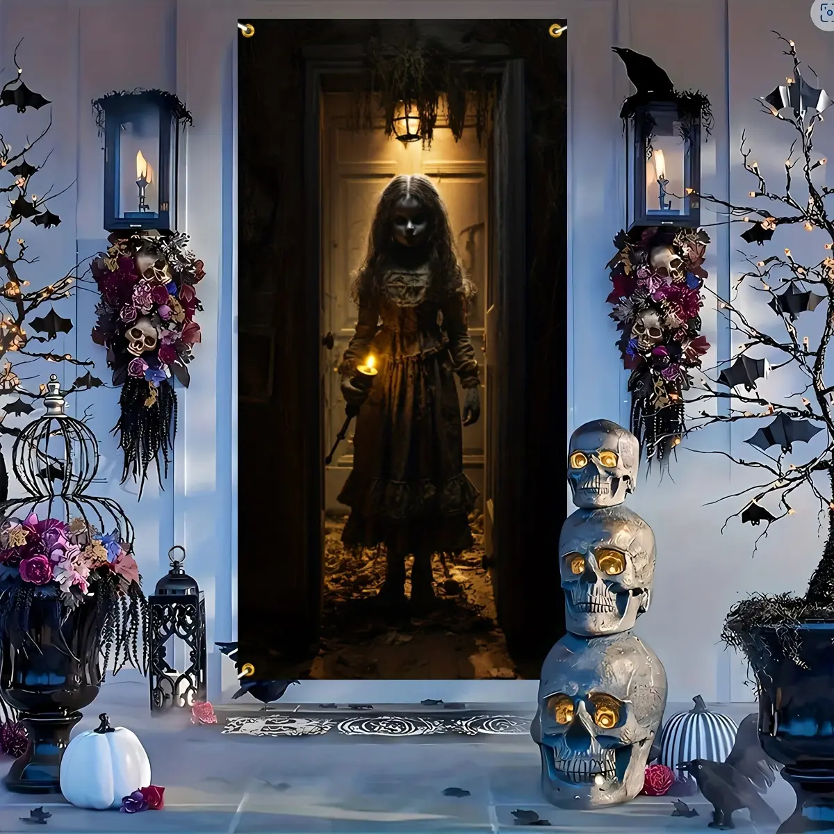 2D Door Banner, 1 Halloween Doll Door Banner, Horror Girl Megan Party Banner, Multi functional Indoor and Outdoor Decoration, Suitable for Entrance, Courtyard, Garden, No Power Required Universal TC, Decorative Banner
