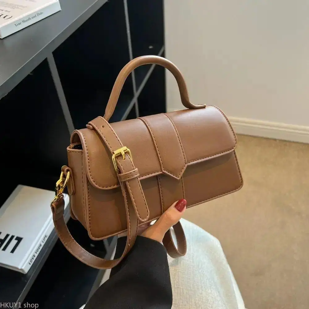 Women’s Brown Structured Satchel Bag - Vintage Top Handle Handbag with Flap, Buckle Detail, Gold-Tone Hardware, Removable Shoulder Strap, Multi-Use Everyday Purse for College, Work
