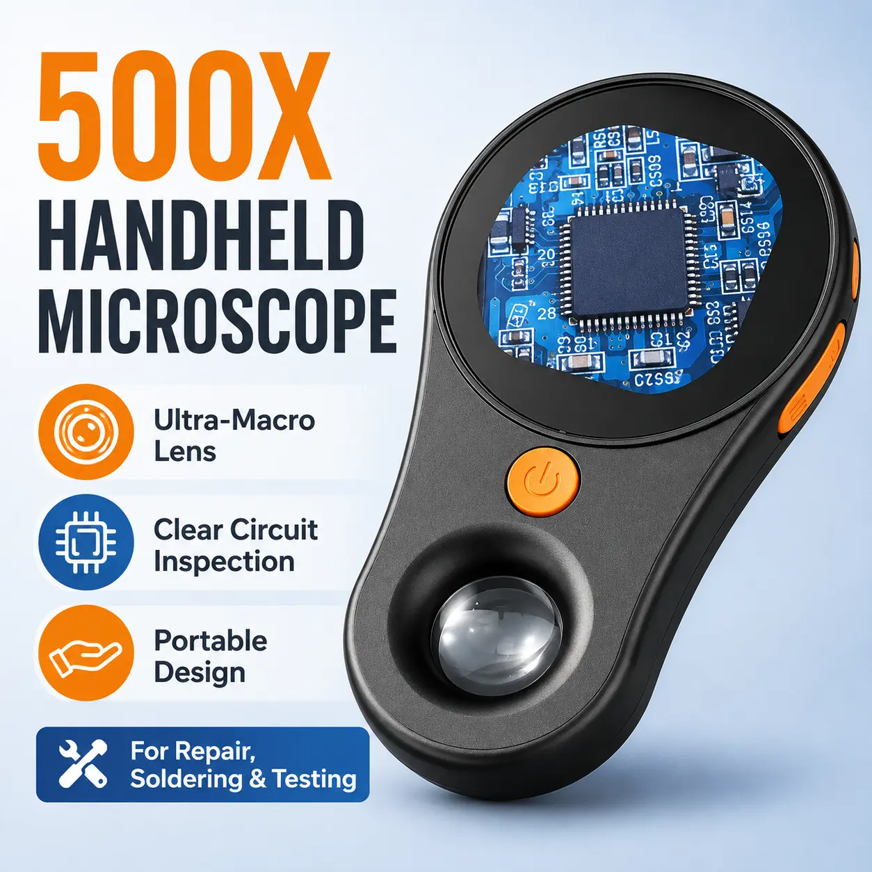 Handheld 500X Digital Microscope with Ultra-Macro Magnification, Compact Inspection Tool for PCB Repair, Soldering Work, Jewelry, Coins, Components, Laboratory Observation and Technical Testing