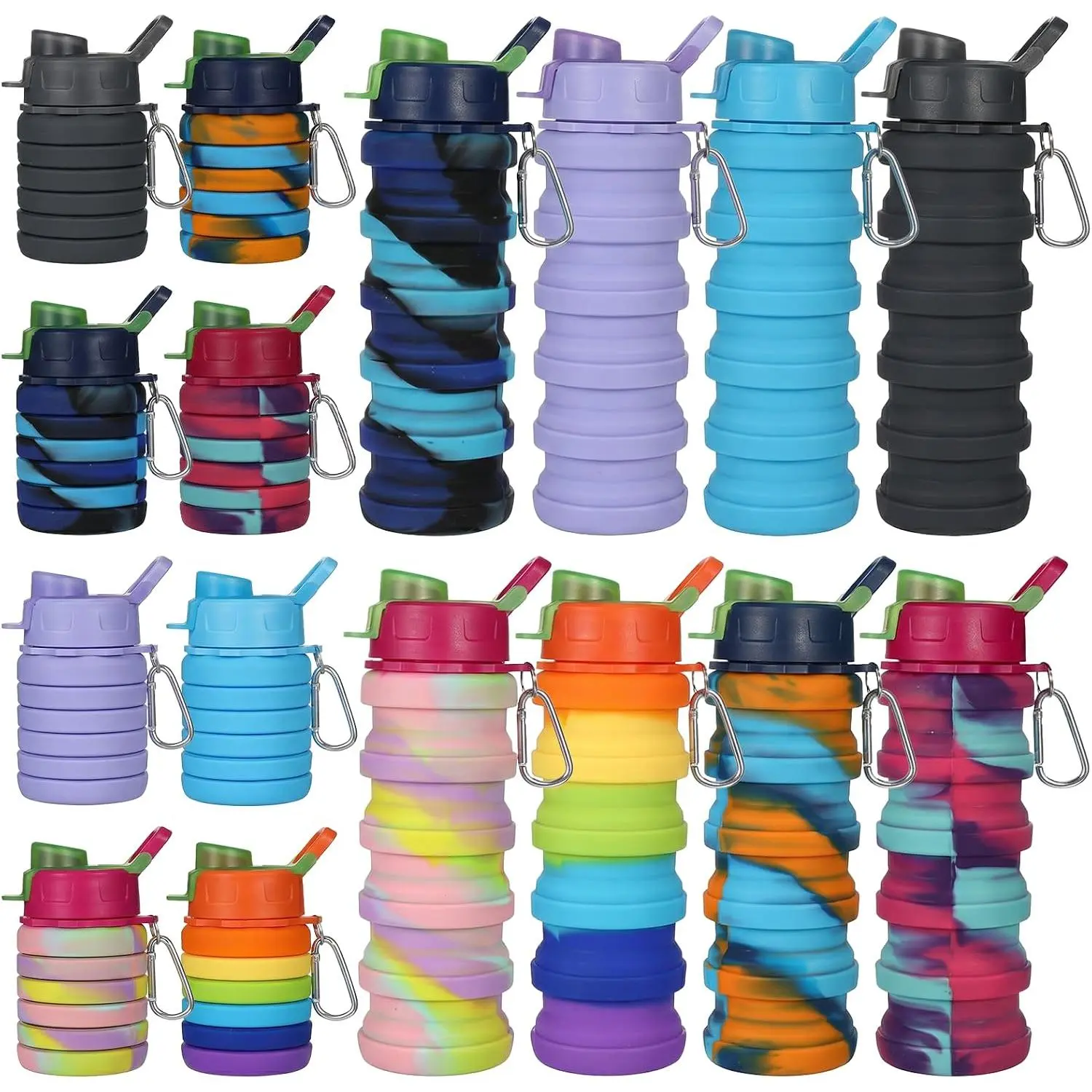 8 Pcs Collapsibles Water Bottles, 16 oz Portable Foldable| Water Bottle with Metal Clip Silicone Leakproof Travel Water Bottle Reusable Sports Waters Bottles for Travel Camping Cycling