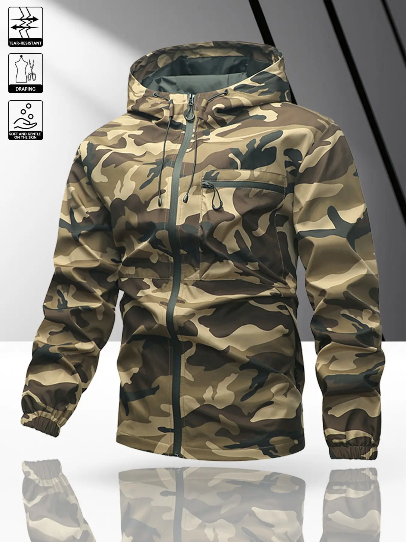 Men's American Workwear Drawstring Hooded Camouflage Zipper Jacket, Multi-Scene Full Print Camouflage Hooded Zipper Jacket, Matte Woven Fabric