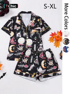 2 pieces of women's Halloween witch hat skull crystal ball butterfly print short sleeved shorts comfortable lapel pajama set Pjs Loungewear Pajamas Lounge Set knitted top pocket elastic waistband suitable for all seasons casual classic home wear