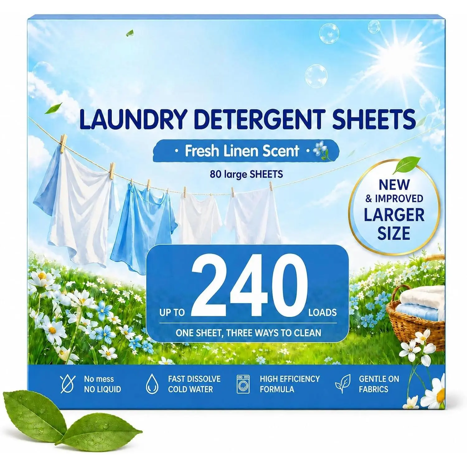 Laundry Detergent Sheets, 240 Loads, 80 Large Sheets,  Linen Scent, No Liquid Washer Detergent Strips, Gentle  Fabrics,  Dissolving Cold Water, -Based for Travel Dorm