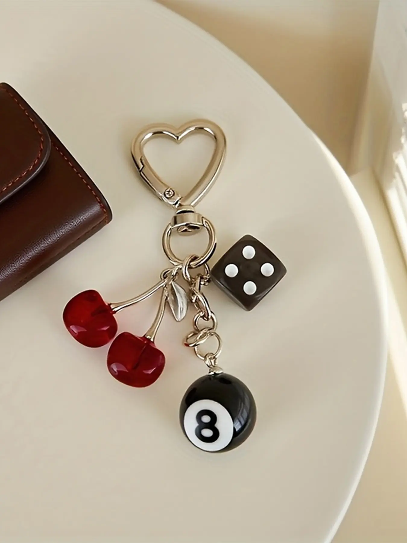 Y2K Lucky 8 Ball Dice Cherry Keychain, Aesthetic Keychain, Retro 90s Streetwear Billiard Pool Multi-Charm Bag Pendant, Silver Hollow Heart Lobster Clip Backpack Charm, Translucent Red/Pink Cherry Resin Ornament, Car Key, House Key Anti-Lost Keychain