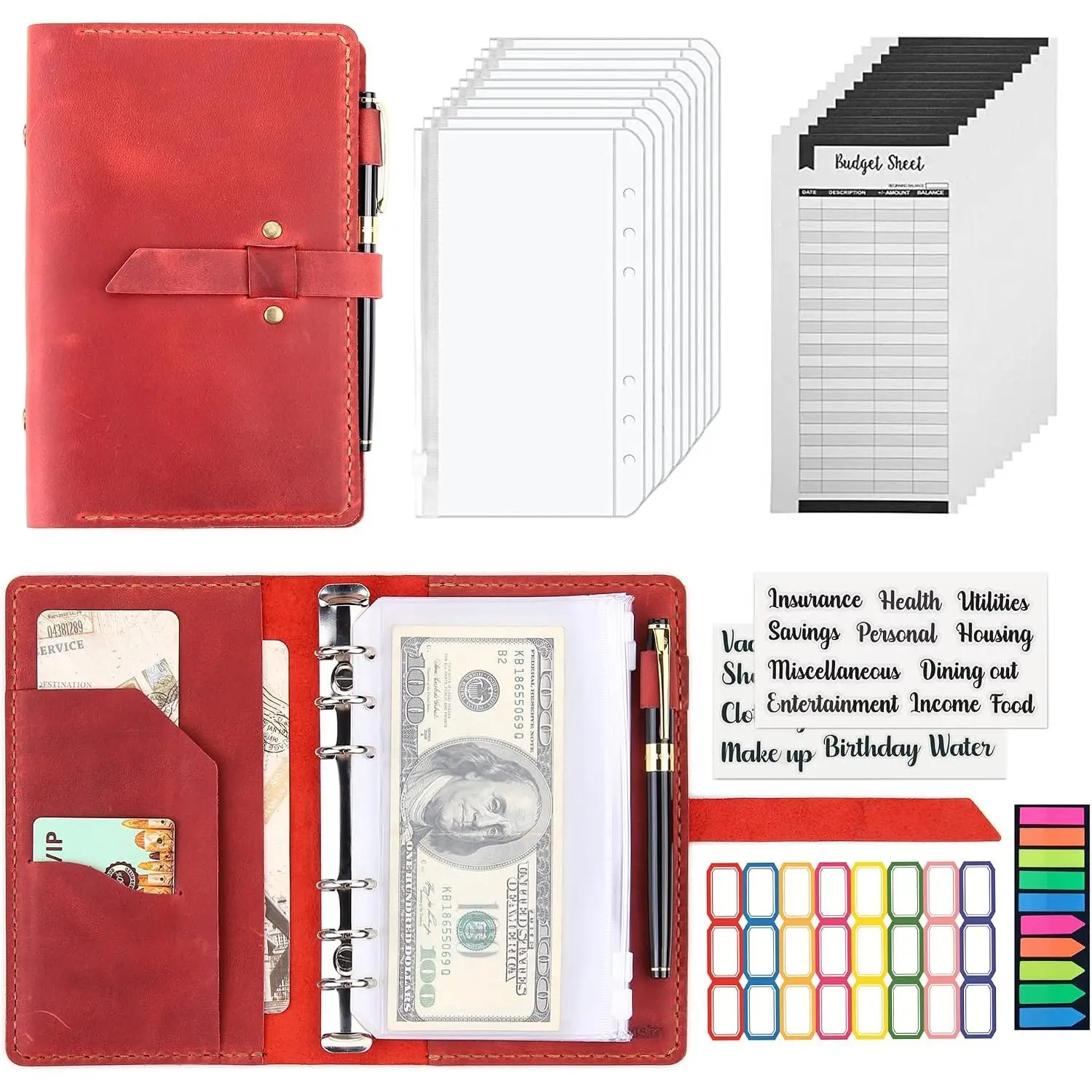 Distressed Leather A6 Budget Planner Binder - Includes Envelopes, Sticker Labels, Retro Vibe Organizer for Budget Planning (Office Stationery & Supplies)
