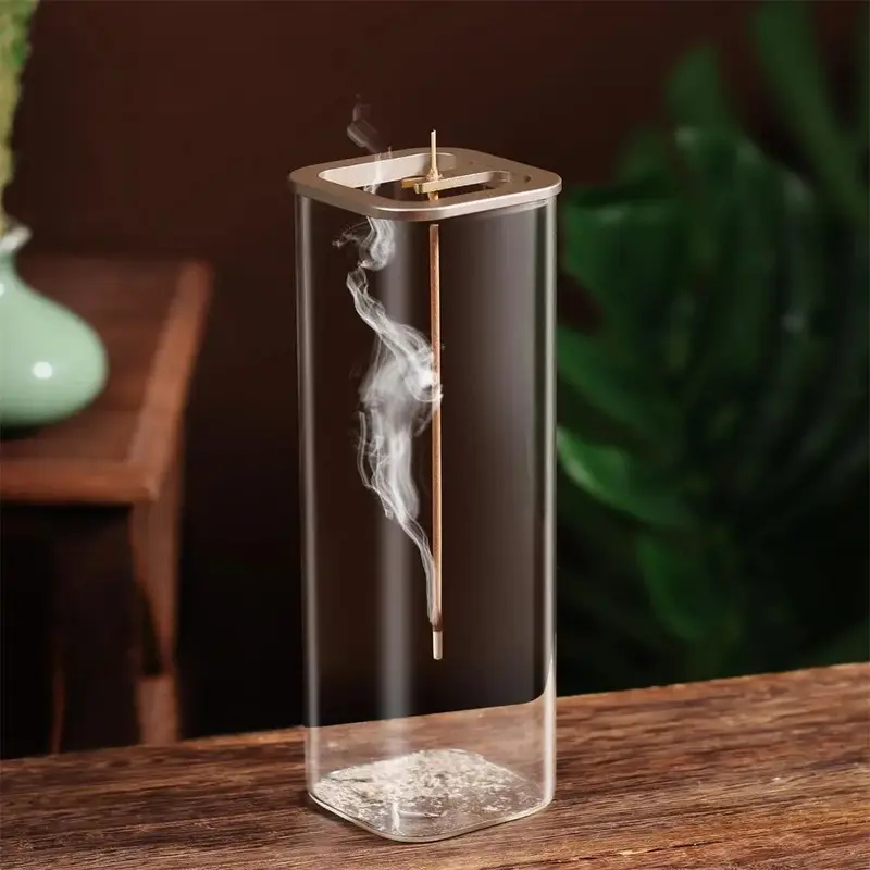 Clear Glass Incense Burner, Modern Square Incense Holder with Removable Glass Ash Catcher, Incense Burner for Home Fragrance Decor Yoga Meditation, Scent, Bakhoor Burner