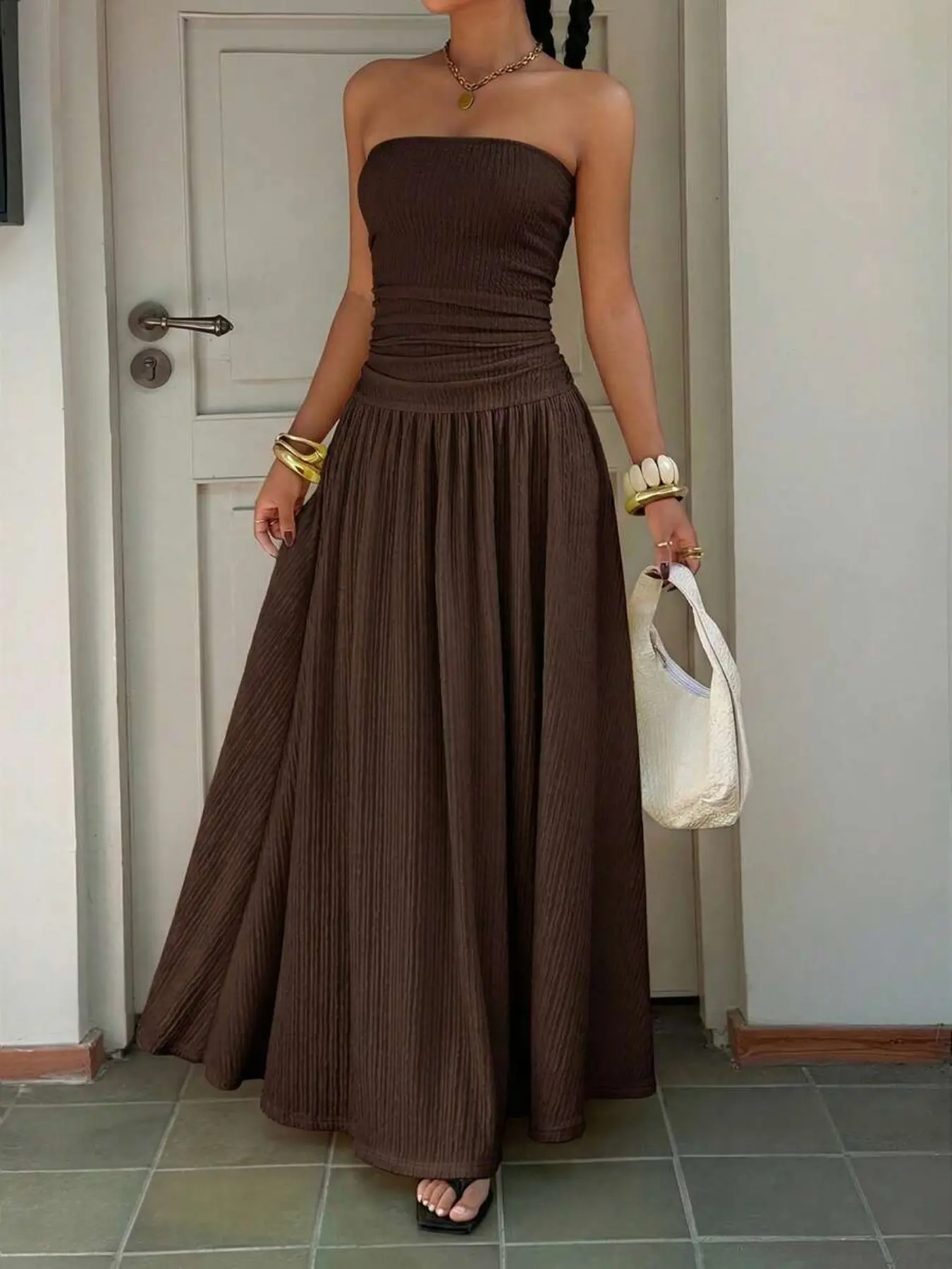 Women's Waist-Cropped Sleeveless Tank Top Dress, Vacation Style, Casual Sun Dress, Super Long Dress, Plain Surface, Unlined, Lightweight Design, Casual Elegant Dresses