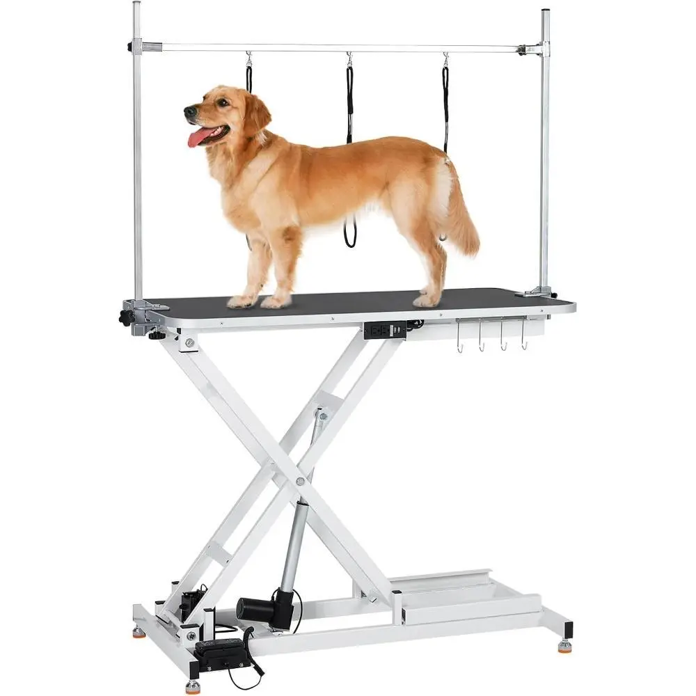 Gaomon Heavy-Duty Electric Dog Grooming Table - Steel Frame, Height Adjustable (9.4"-39.4"), X Lift, Anti-Slip Safe Grip Top, Leveling Wheels, Tool Organizer, 47" White Dog Grooming Station, Foot Pedal, Single Unit