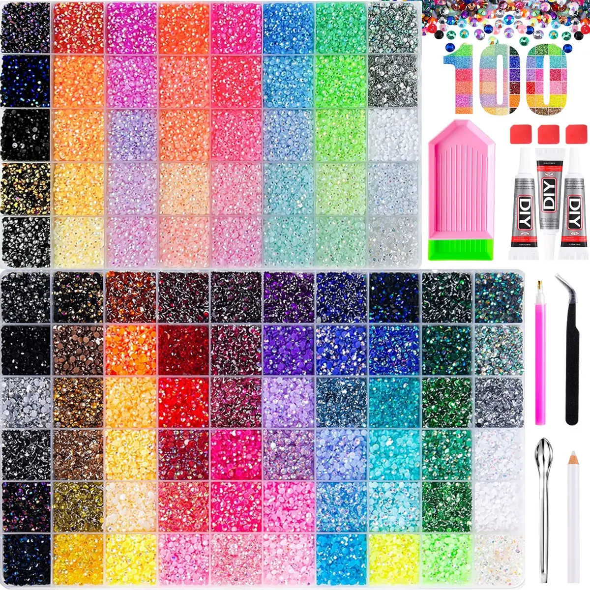 2Boxes of 100 Colors Mini Flatback Semi-circular Nail Rhinestones with Tools 3mm Multi-colors Jelly AB Colored Resin Nail Diamonds-Sparkling Gems DIY Wedding Party Furniture Decoration