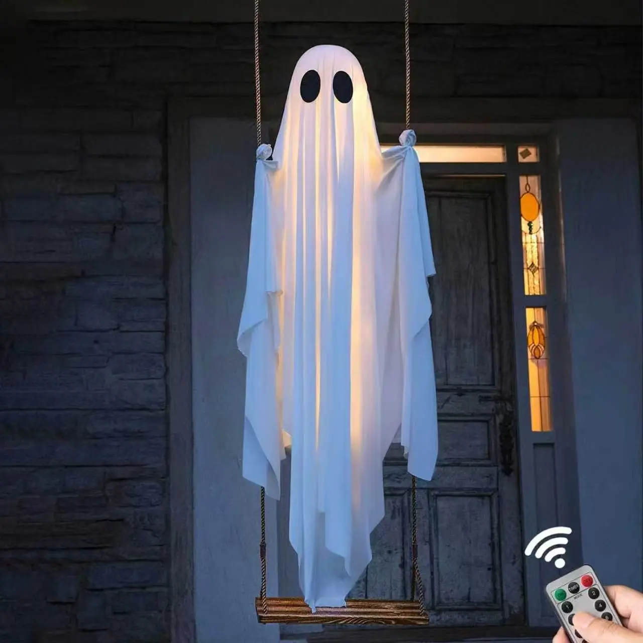 Halloween Decoration Large Hanging Swing Ghost with String Lights, Cute and Spooky Ghost Ornament for Outdoor Decorations, Fall Decor