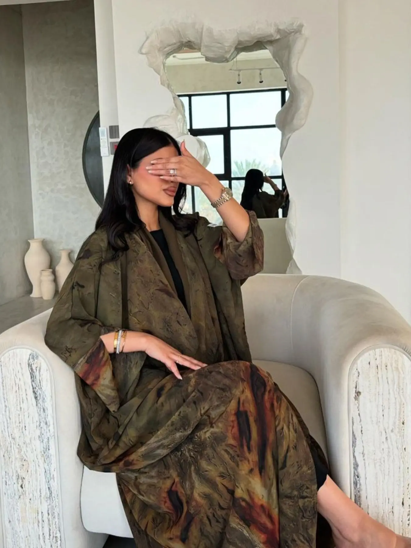 2026 New Marble Pattern Open Abaya, Loose Fit Long Sleeve H-Type, Breathable Chiffon Dubai Style, Modest Muslim Outfits, Muslim Islamic Clothing