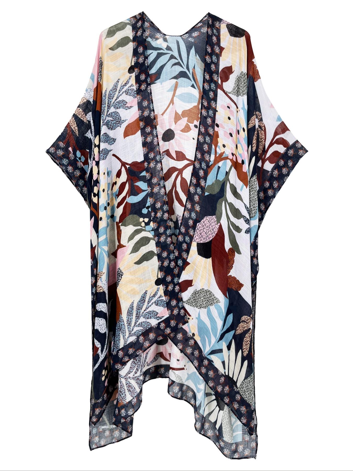 Women's Floral Print Drop Shoulder Cover Up - Casual Long Sleeve Split Hem Open Front, All Seasons Swimwear Coverups for Beach Holiday, Hand Wash Only Sports & Outdoor Swimsuit Accessory