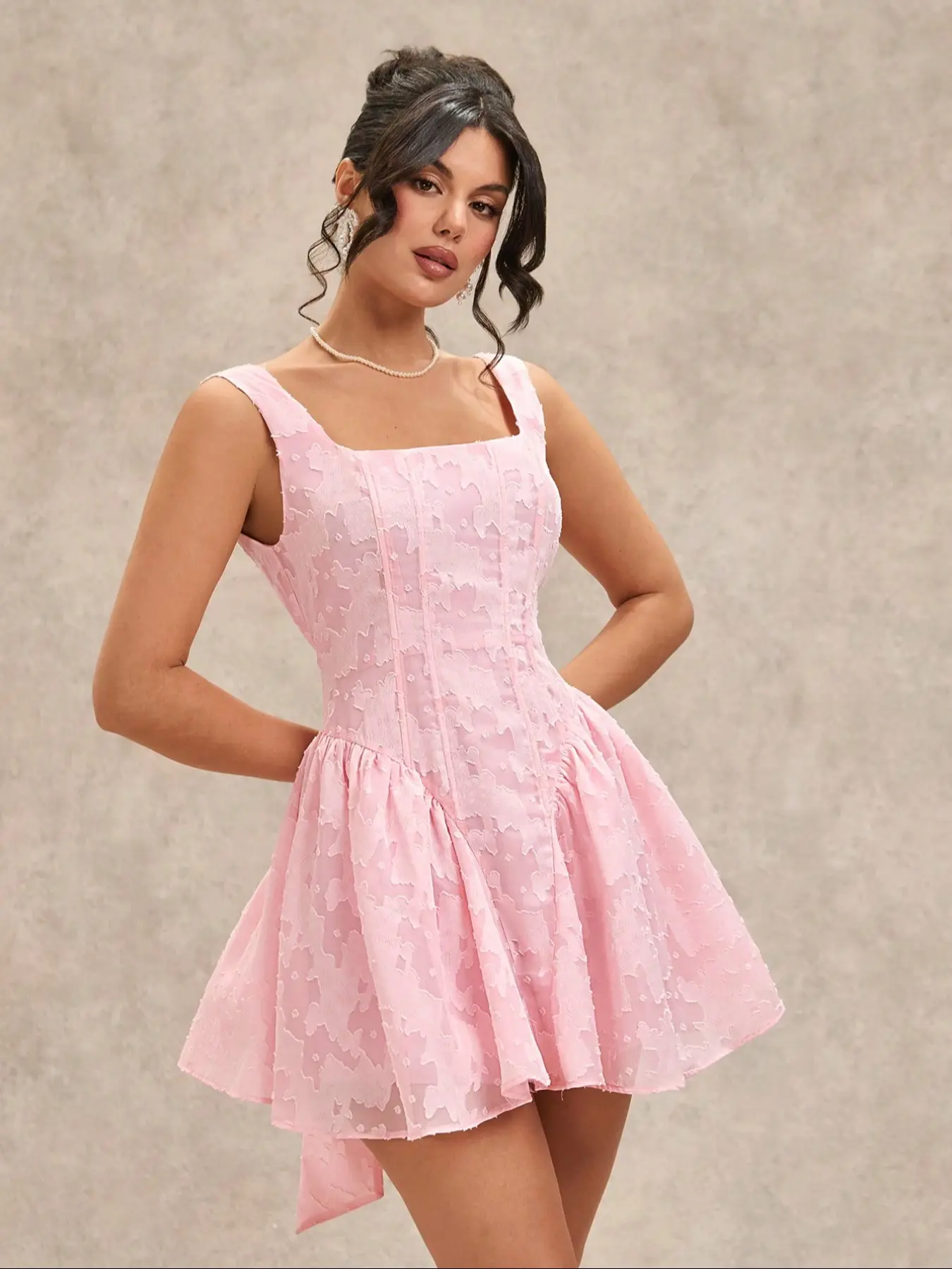 Textured Jacquard Corset Mini Dress, Square Neck Sleeveless Flare Skirt, Back Bow Coquette Party Dress, All Seasons Summer Fitted Dress