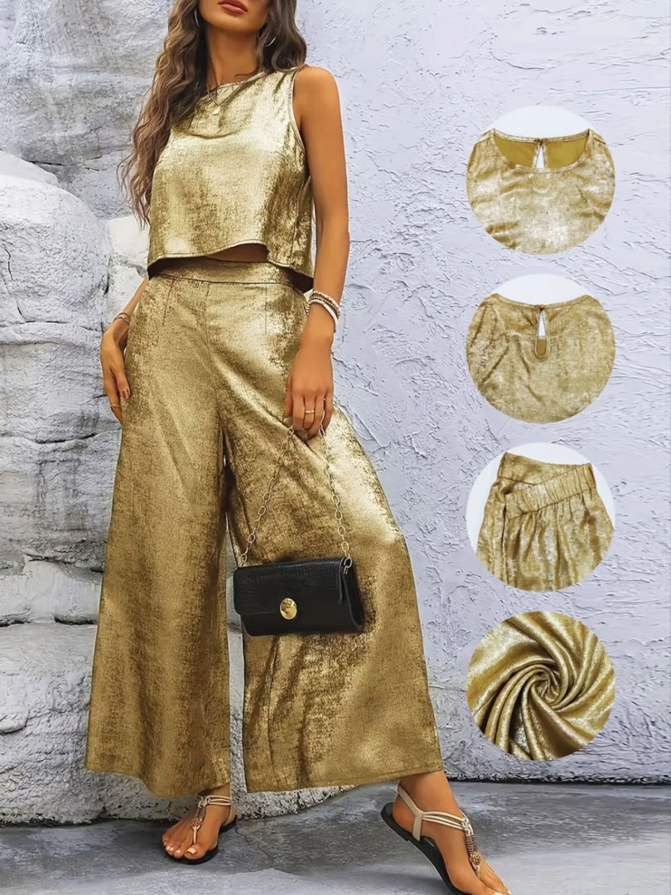 Women's Shiny Gold Two-Piece Set, Round Neck Sleeveless Back Keyhole Tight Top + High Waist Wide Leg Pants, Elegant Party Casual, Clothes