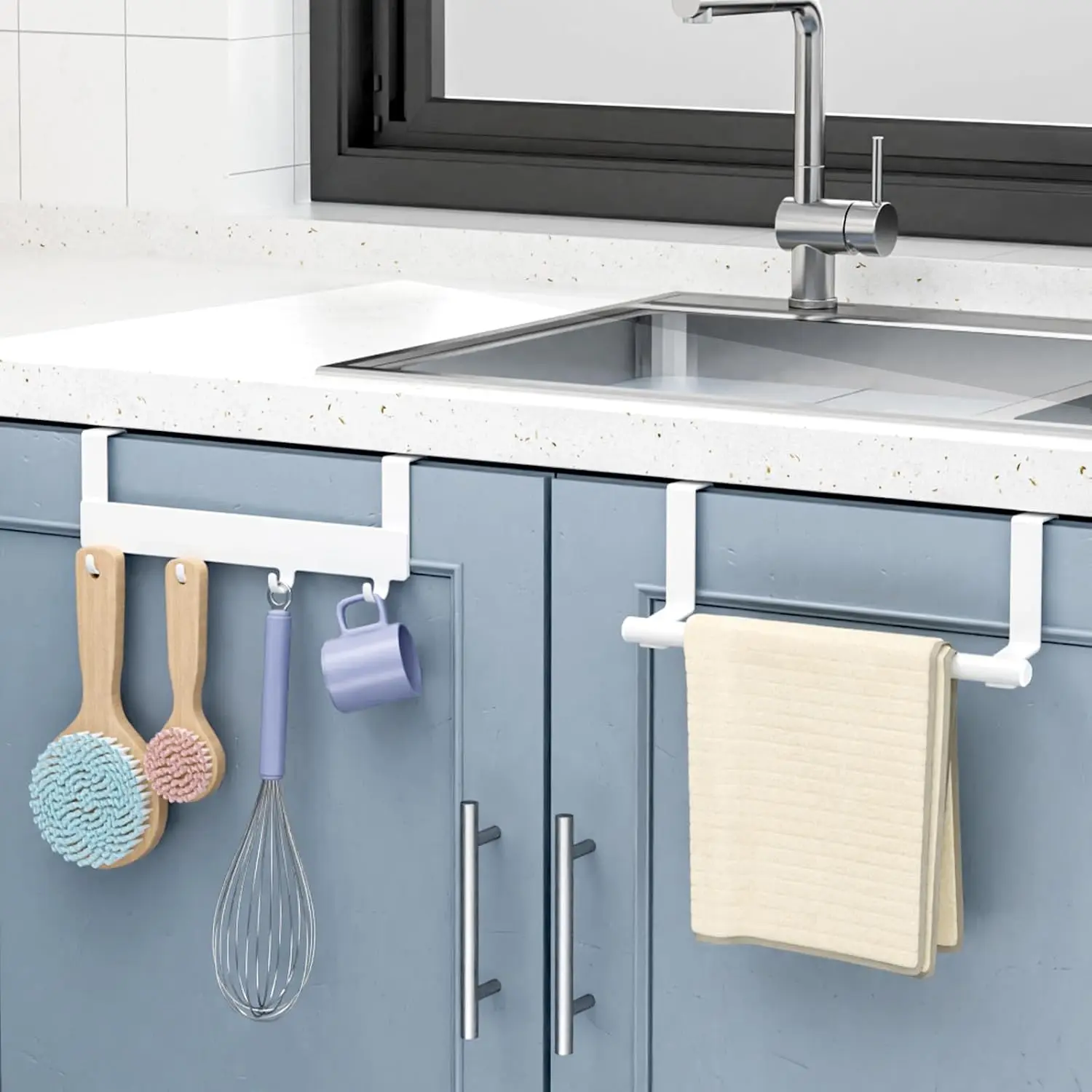 Over Cabinet Door Towel Holder Towel Rack Hand Towel Bar Towel Hook Tea Towel Hanger Multipurpose for Kitchen or Bathroom Sink (Pack of 2pcs, White)