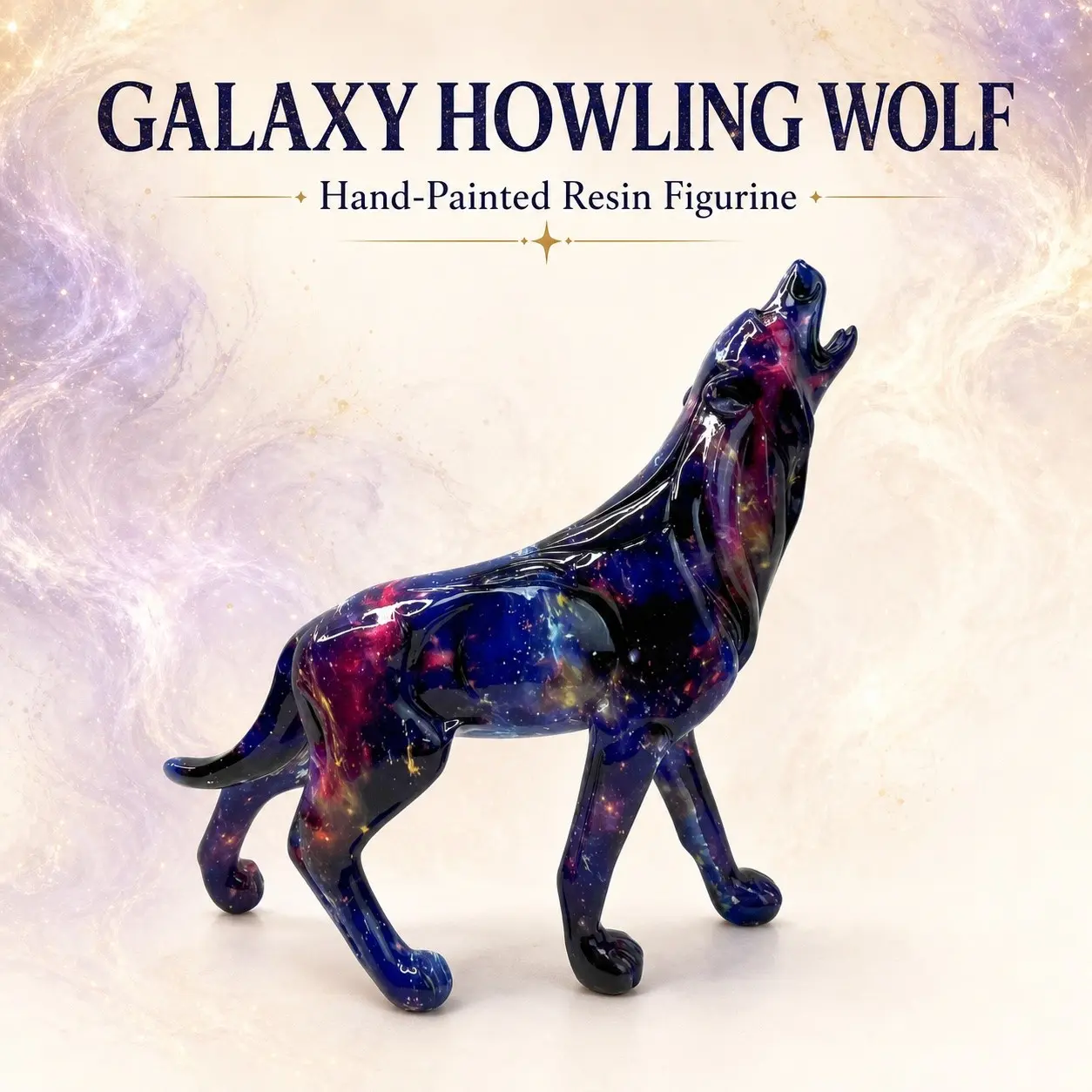 Starlit Howling Wolf Ornament, Mystical Universe Decorative Statue, Handmade Glossy Resin with Nebula Painting, Ideal for Living Room Shelves