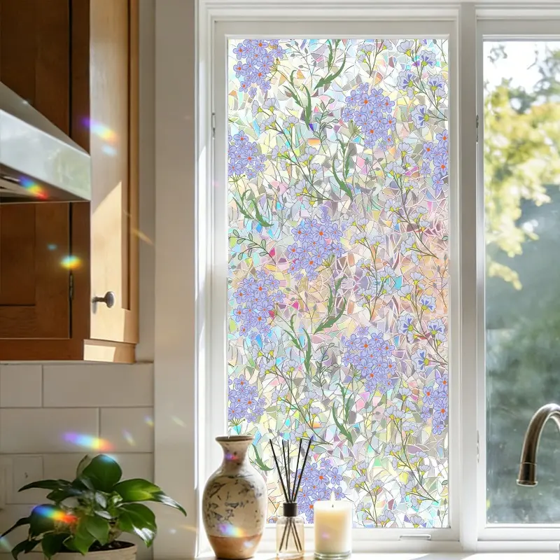 1 Sheet Monet-Style Purple Floral Stained Glass Window Film, Iridescent Holographic Sticker, Decorative Stickers, Decorative Decal, Sticker Decoration, Static Cling (Adhesive-Free), Privacy Film for Kitchen and Balcony, 39.37 x 17.72 Inches