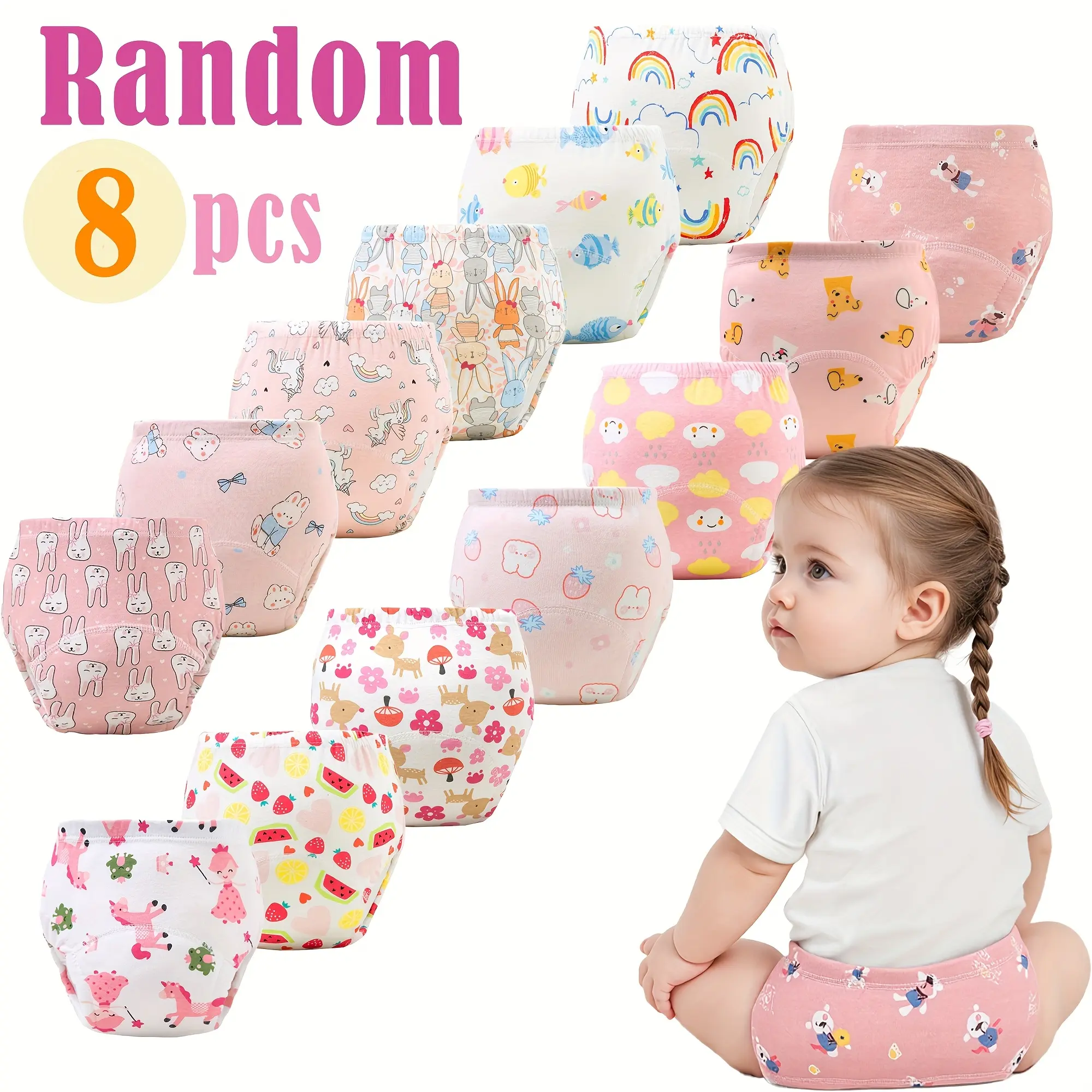Random 8pcs Baby Training Pants, Breathable, Durable, Absorbent Leak-proof Diapers For Toilet Training, Cute Prints, Comfortable Elastic Waistband, Great For Christmas, Halloween, Thanksgiving, Baby Shower, New Year'S Gift, 0-3 Years Old