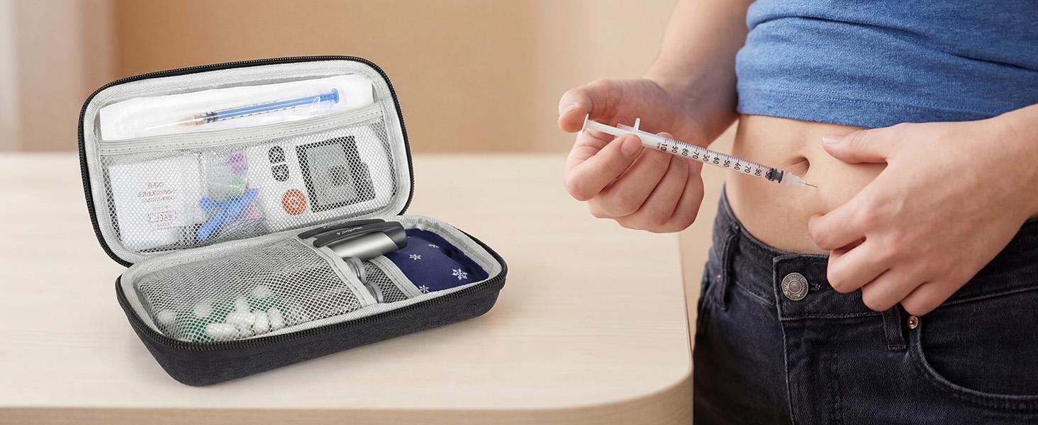 Insulin Cooler Travel Case,EVA Insulation Travel Medicine Kit with Temperature Display for Diabetes Care,Insulin Pen and Other Diabetic Supplies (Green-Temp)